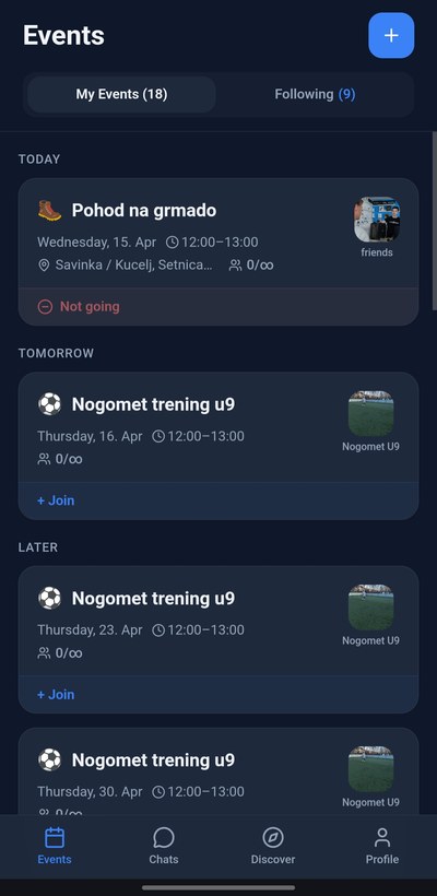 SubIn Events seznam — Moji dogodki in Sledim