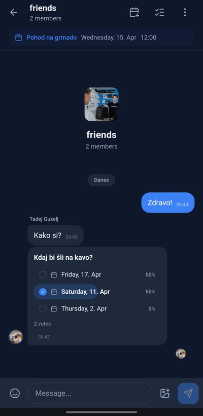SubIn skupinski chat z anketami in koordinacijo